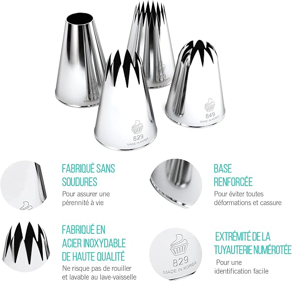 CukkiCakes Jeu de 4 grandes XL douilles à pâtisserie professionnelles (849, 869, 829 et 808) pour décorer gâteaux et cupcakes - Compatible avec poche à douille patisserie - Made in Korea - 2