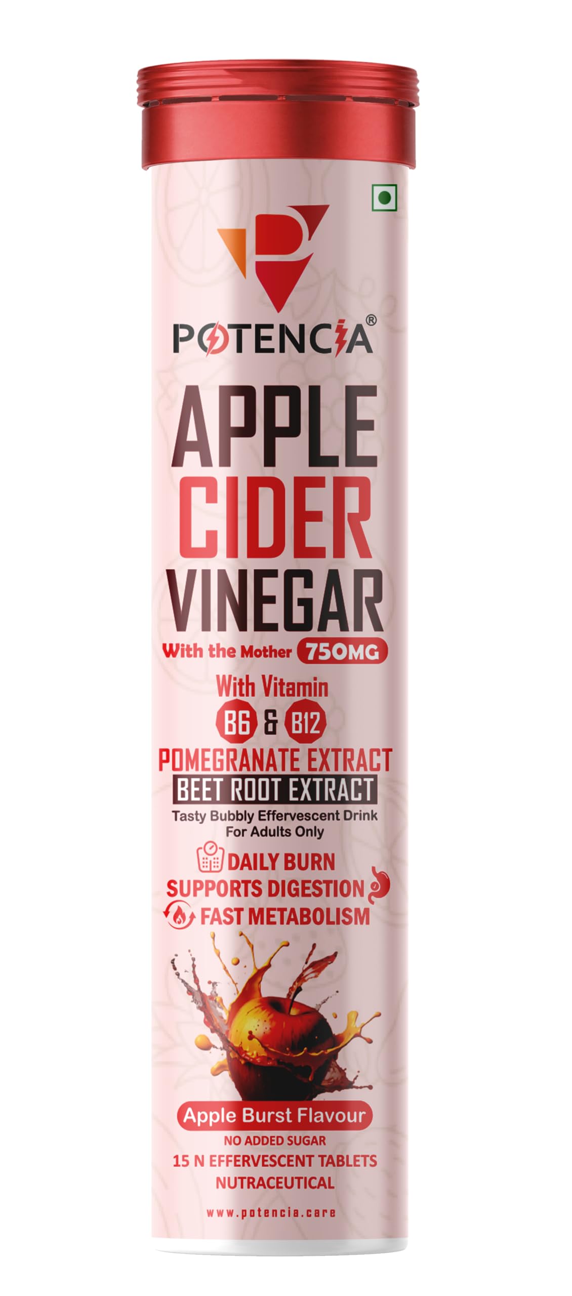 Potencia Apple Cider Vinegar Effervescent Tablets | 750mg With “The Mother”, Vitamins B6 & B12 | Weight Management, Supports Digestion & Fast Metabolism | Apple Burst Flavour | 15 Effervescent Tablets