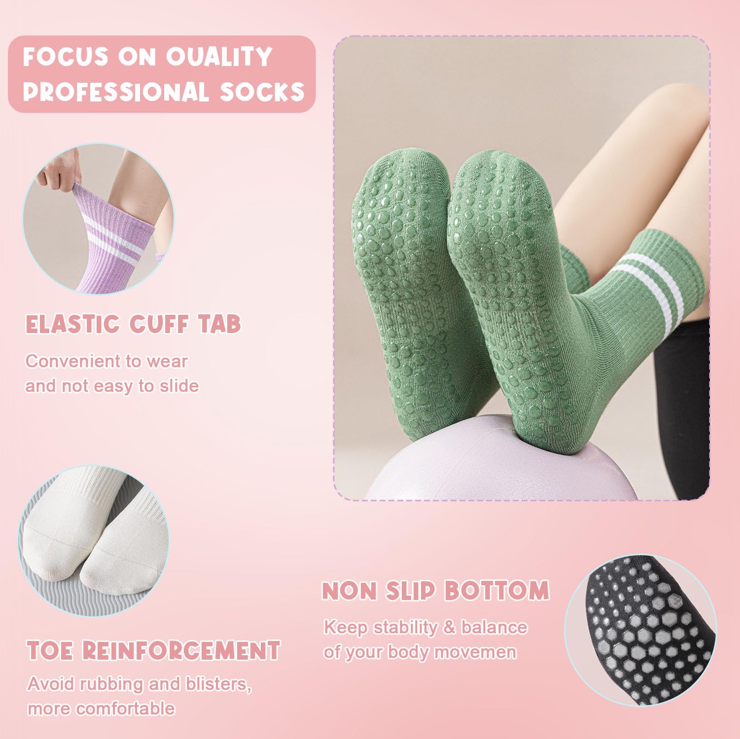 10 Paar Yoga-Socken, rutschfest, lang, mit Griffen, für Yoga, Yoga, Ballett, WorkoutDance