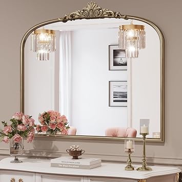 Gold Arched Antique Mirror, 36x28 Brass Vintage Bathroom Mirrors