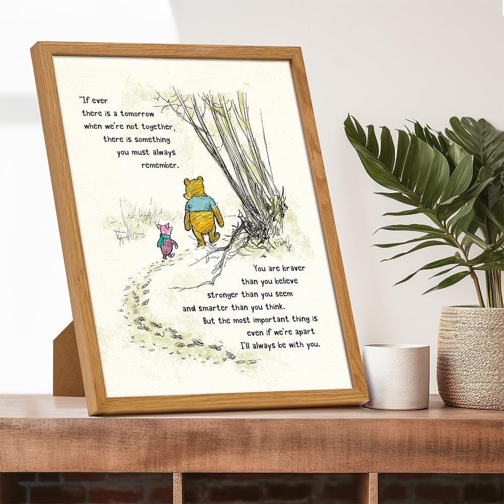 Winnie Pooh Wall Art FRAMED - Kids Wall Art - Boys Room, Baby Nursery Decor - Girls Bedroom Decor, Artwork for Toddlers - Always Remember You Are Braver Than You Believe, A. A. Milne Poster 11x14 Gift