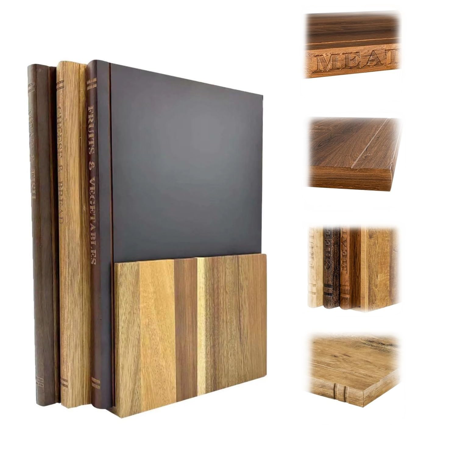 Juego de 3 Tablas de Cortar de Madera para Libros de Biblioteca, Antideslizantes con Ranura para Jugos, Fáciles de Guardar y con Soporte, Bandeja para Servir Carne, Verduras, Frutas(Marrón)