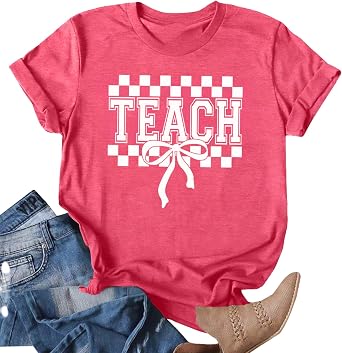Teacher Shirts for Women Cute Checkered Bow Graphic Teach Tshirt Teacher Life Tee Back to School Tops