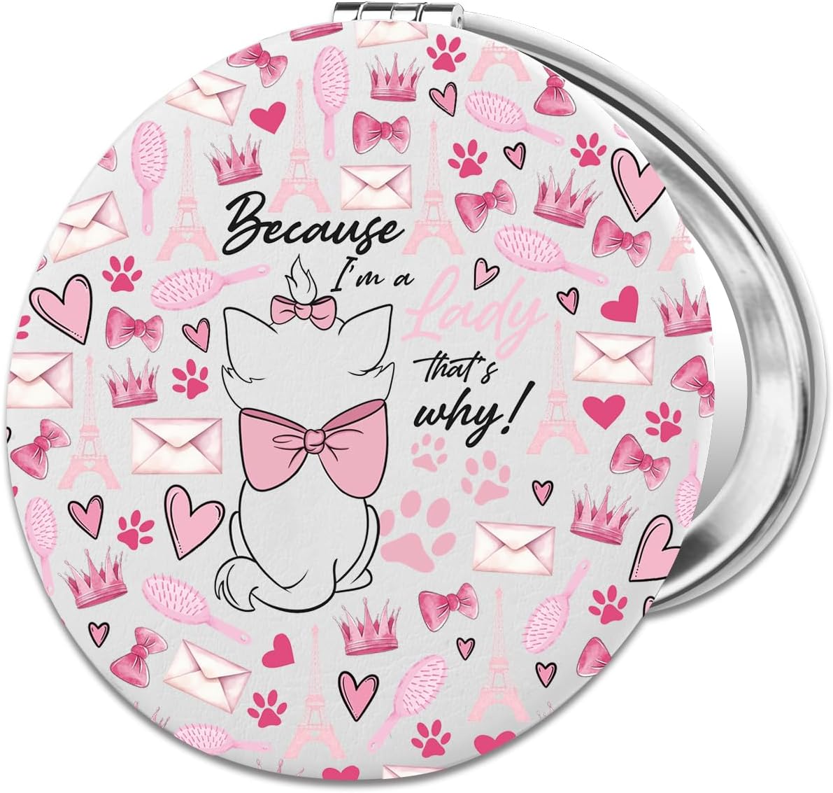 PLITI Cat Movie Inspired Gift Cartoon Cat Gift Because I'm A Lady That's Why Pink Cat Lover PU Leather Compact Mirror for Fans (Because Lady LCM)