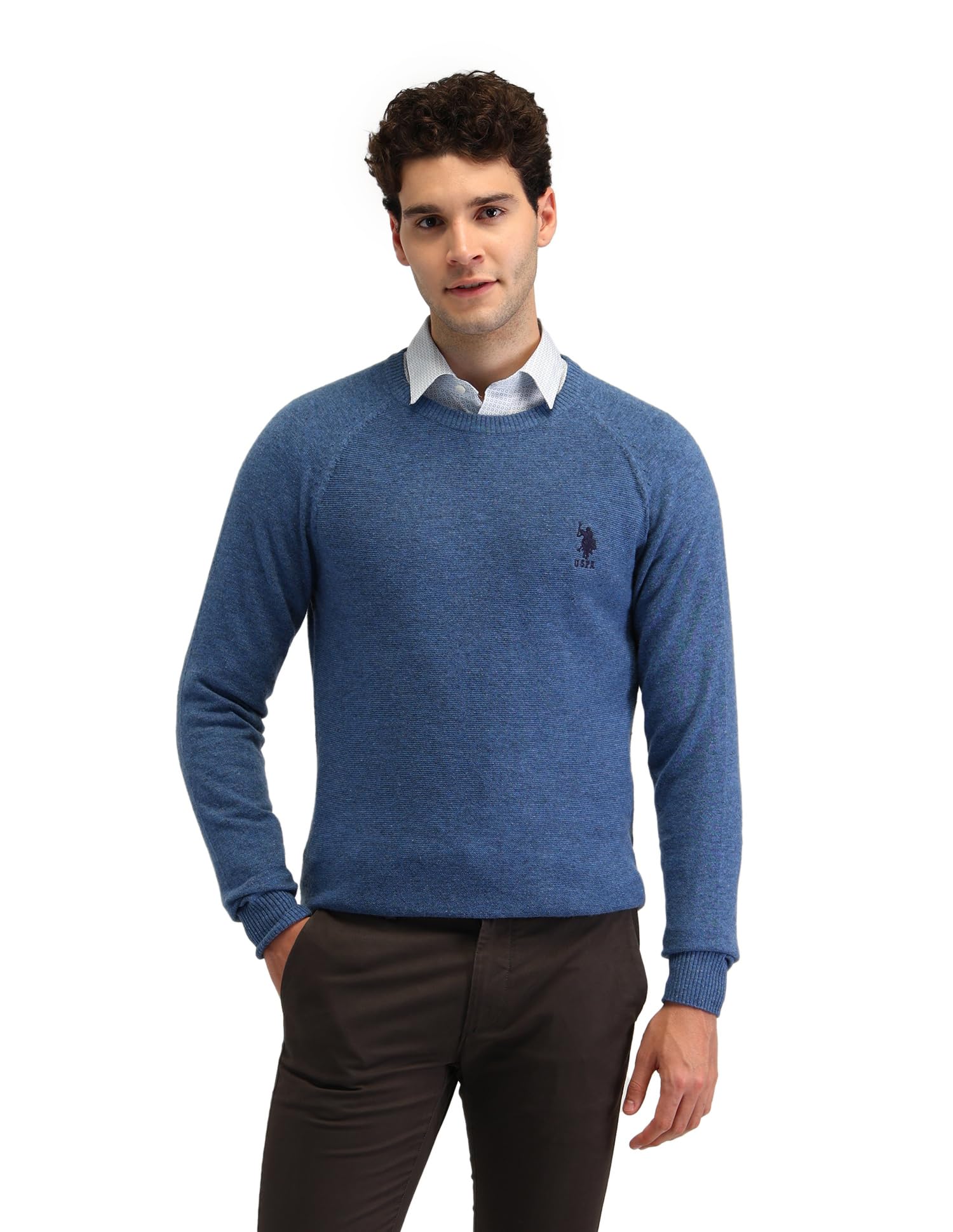 Men's Blue Textured Crew Neck Long Sleeve Casual Wool Regular Fit Pullover Sweater-image-19