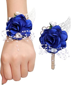XINNI Beach Blue Wedding Bridal Bouquet Holding Toss Artificial Flower with Seashell Starfish Rhinestone Decoration Beach Wedding Bouquet Vintage for Bride and Bridesmaids Royal Blue Set