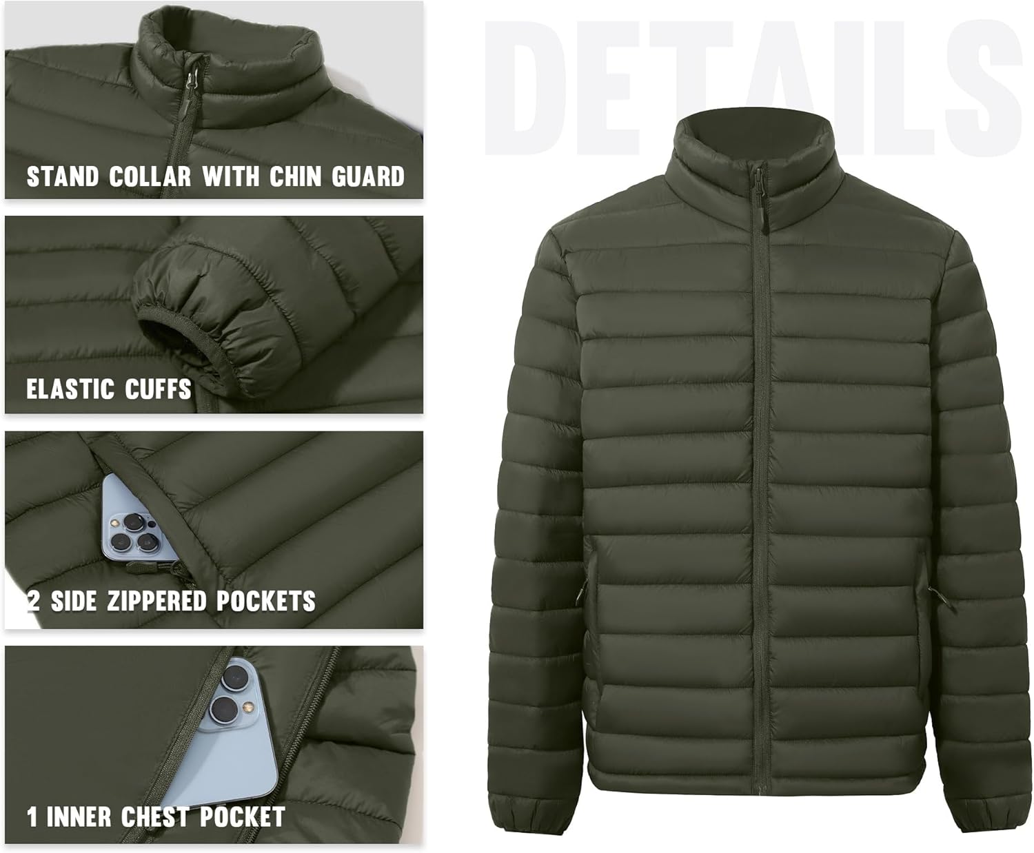 WHN Men Puffer Jacket Coat Lightweight Winter Waterproof Windproof Stand Collar Full Zipper Coats with 3 Pockets - Image 5