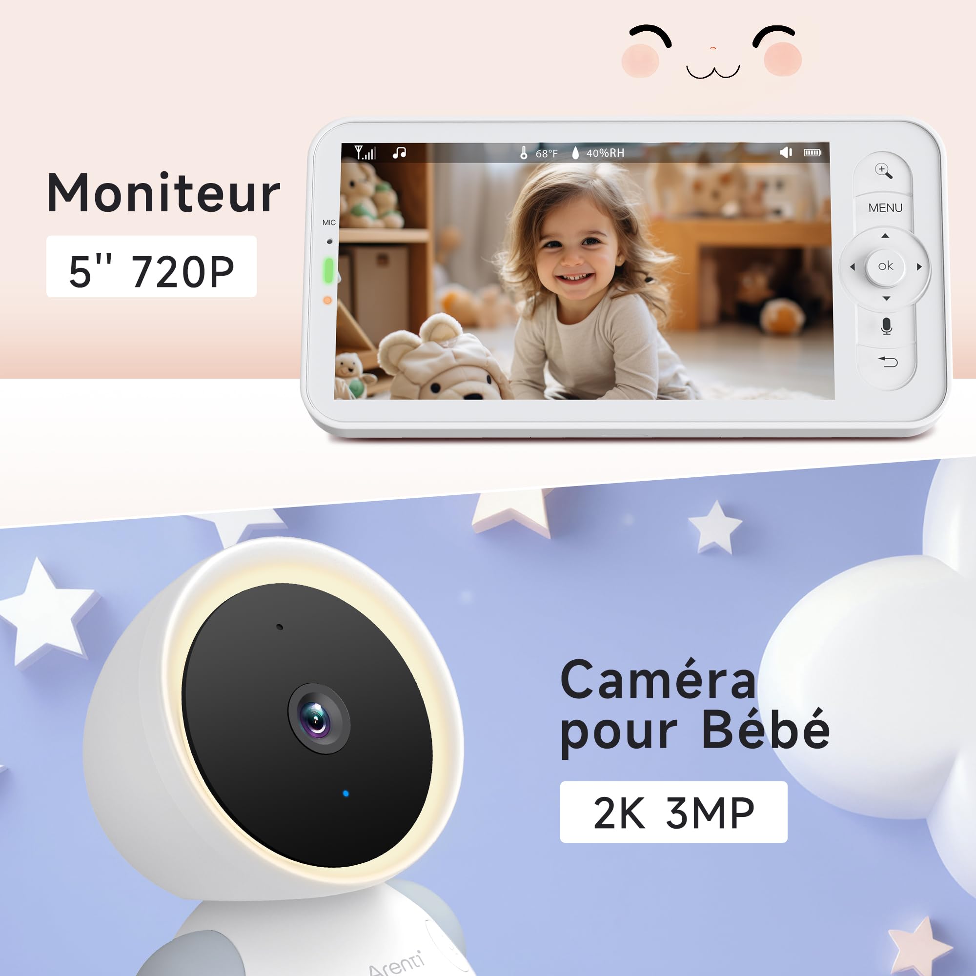 ARENTI Babyphone Caméra 2K 3MP, 5" Moniteur, Caméra Surveillance Bébé WiFi, Détection Intelligente, Audio Bidirectionnel, Vision Nocturne, Veilleuse, Berceuses, Détection de la Température/l'Humidité
