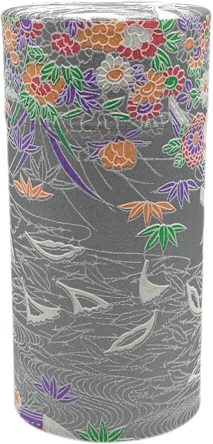 野口熊太郎茶園 Japanese Tea Canister Tin Waterside Flowers Silver Color/Double Lid/Japanese Washi Paper Pasted /200g Tea Capacity/Loose Leaf Tea Storage/Storage Container with Lid