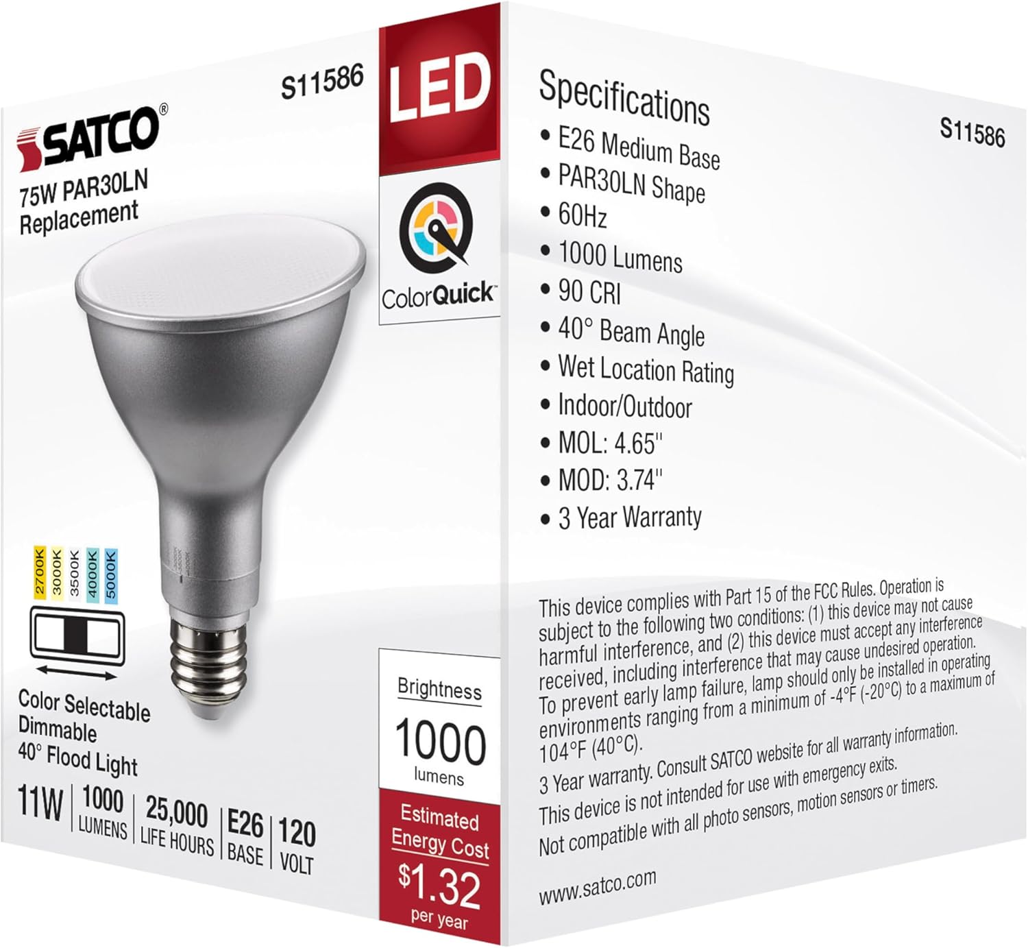 Satco S11586; 11 Watt PAR30LN LED; Medium Base; Silver Finish; CCT Selectable; 120 Volt; 40 Degree Beam Angle; 11PAR30LN/LED/5CCT/FL/120V (6 LED Bulbs)