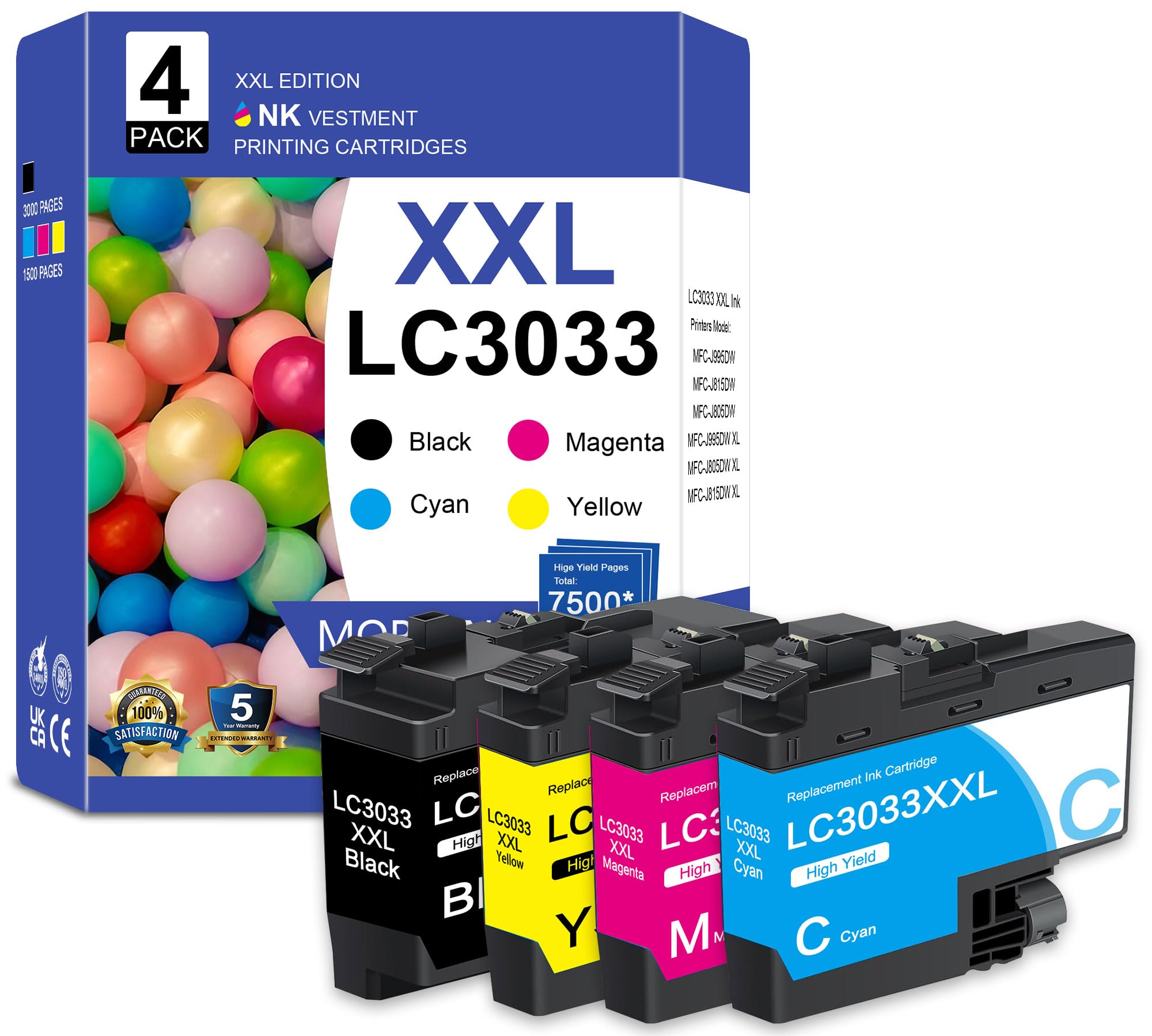 LC3033 LC3033XXL Ink Cartridges Super High-Yield Replacement for Brother Ink Cartridge LC3033 XXL LC3033BK/C/M/Y Ink for MFC-J995DW MFC-J815DW