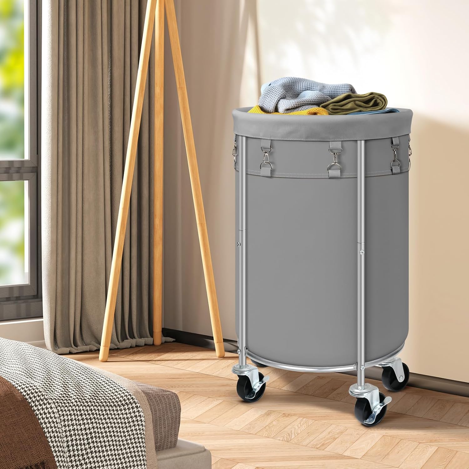 100L Round Rolling Laundry Hamper Basket with Wheels, Grey image 3