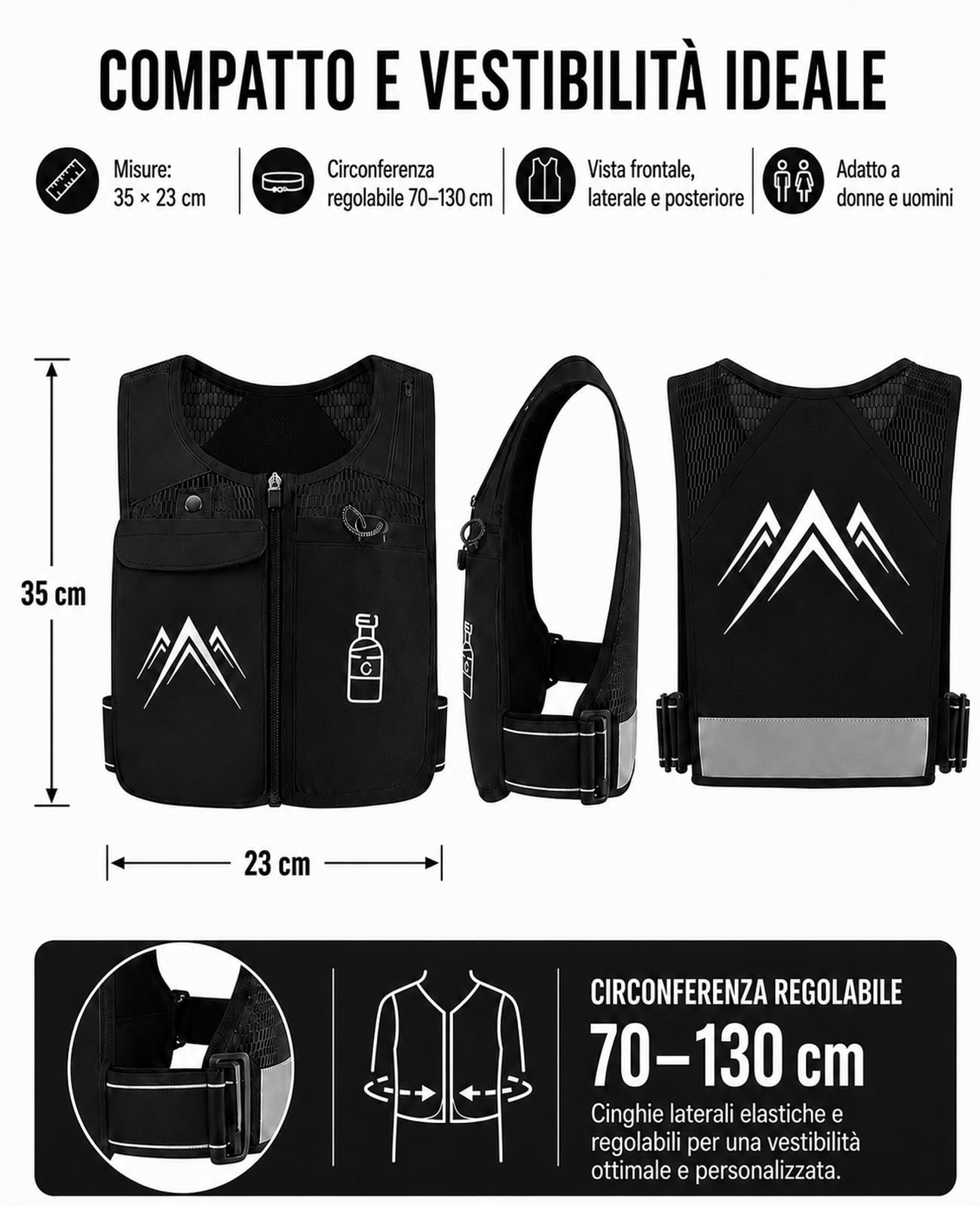 Gilet Running Uomo Donna, Ultraleggero 156 g, Vestibilità Regolabile | Zaino Idratazione Trail con Soft Flask 470 ml, 4 Tasche per Telefono e Gel, per Corsa Urbana, Jogging e Trail Leggero