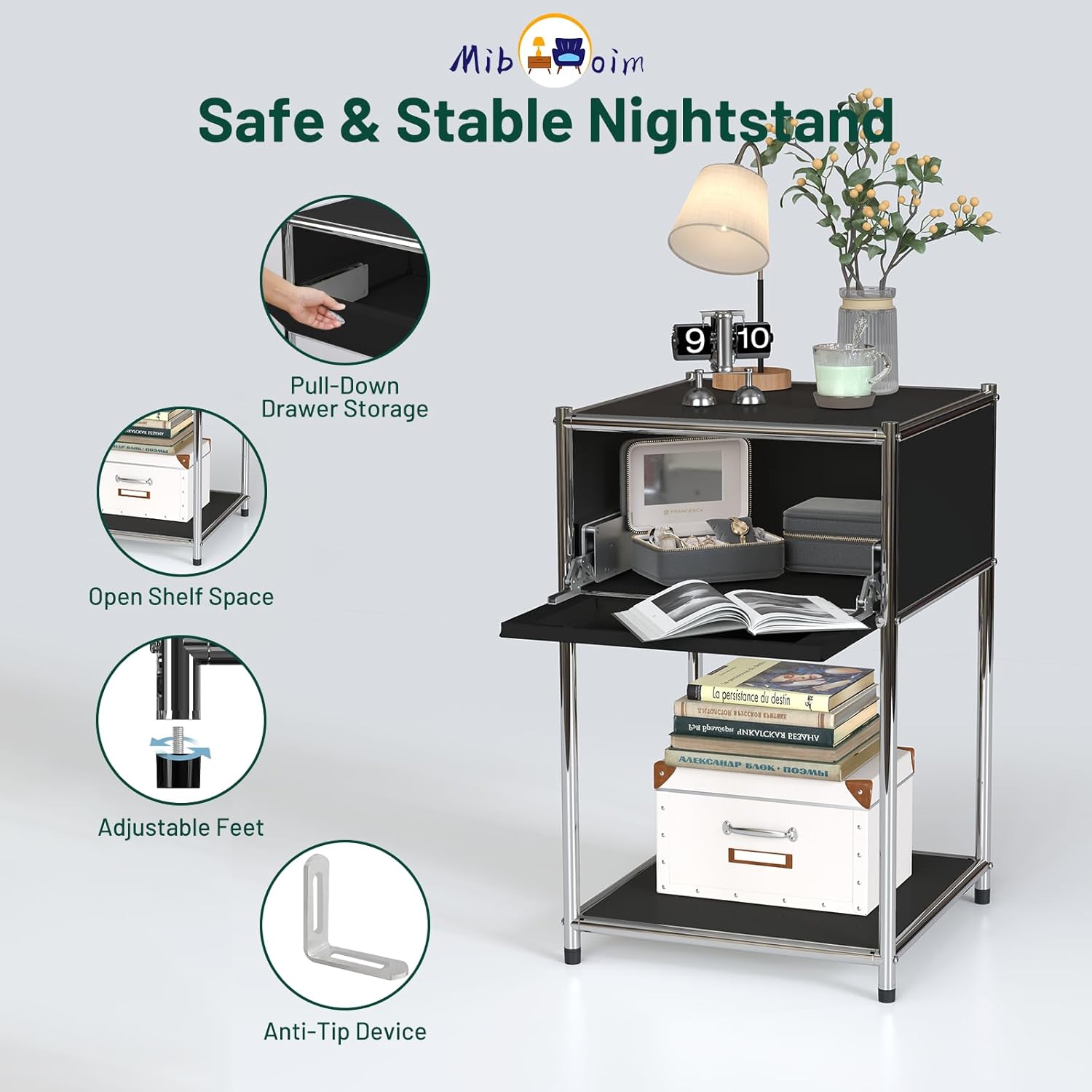 Black Night Stand with Drawers:Modern Nightstand with Storage,Metal Heavy Duty Industrial Bed Side End Tables Living Room Sofa Couch Home Office Furniture,Kids Bedside Table Bedroom Small Space