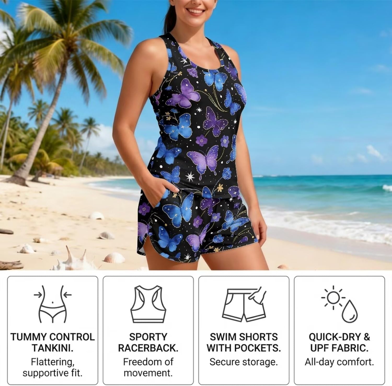 Tankini Swimsuit Tummy Control 2Pcs Bathing Suit for Women Tank Top with High Waist Shorts Swimwear Size S-6XL