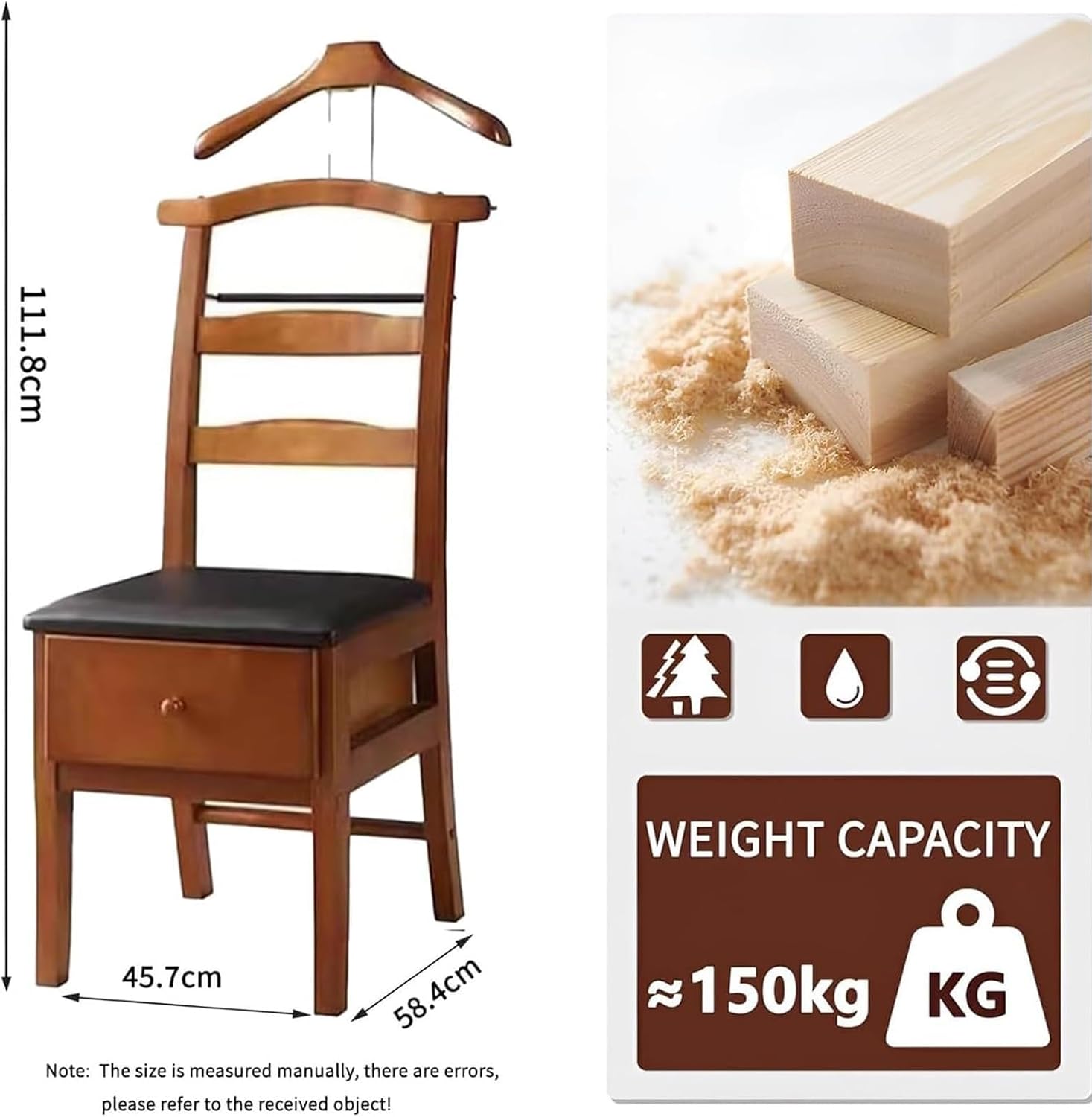 Floor Standing Wooden Valet Stand, Freestanding Wooden Chair Valet Stand, with Drawer Trouser Bar and Tie Belt Bar, Suitable for Bathroom Office Bedroom Hotel and Entryway