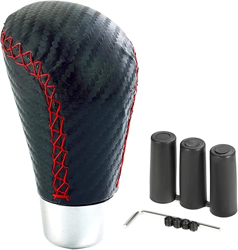 Arenbel Pomo de palanca de cambios tipo R de cuero negro de repuesto para la mayoría de automóviles manuales MT, cosido en rojo