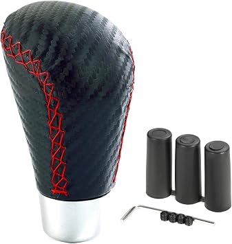 Type R Gear Shift Lever Knob Black Leather Shifter Stick Handle Replacement Fit Most MT Manual Cars, Red Stitched