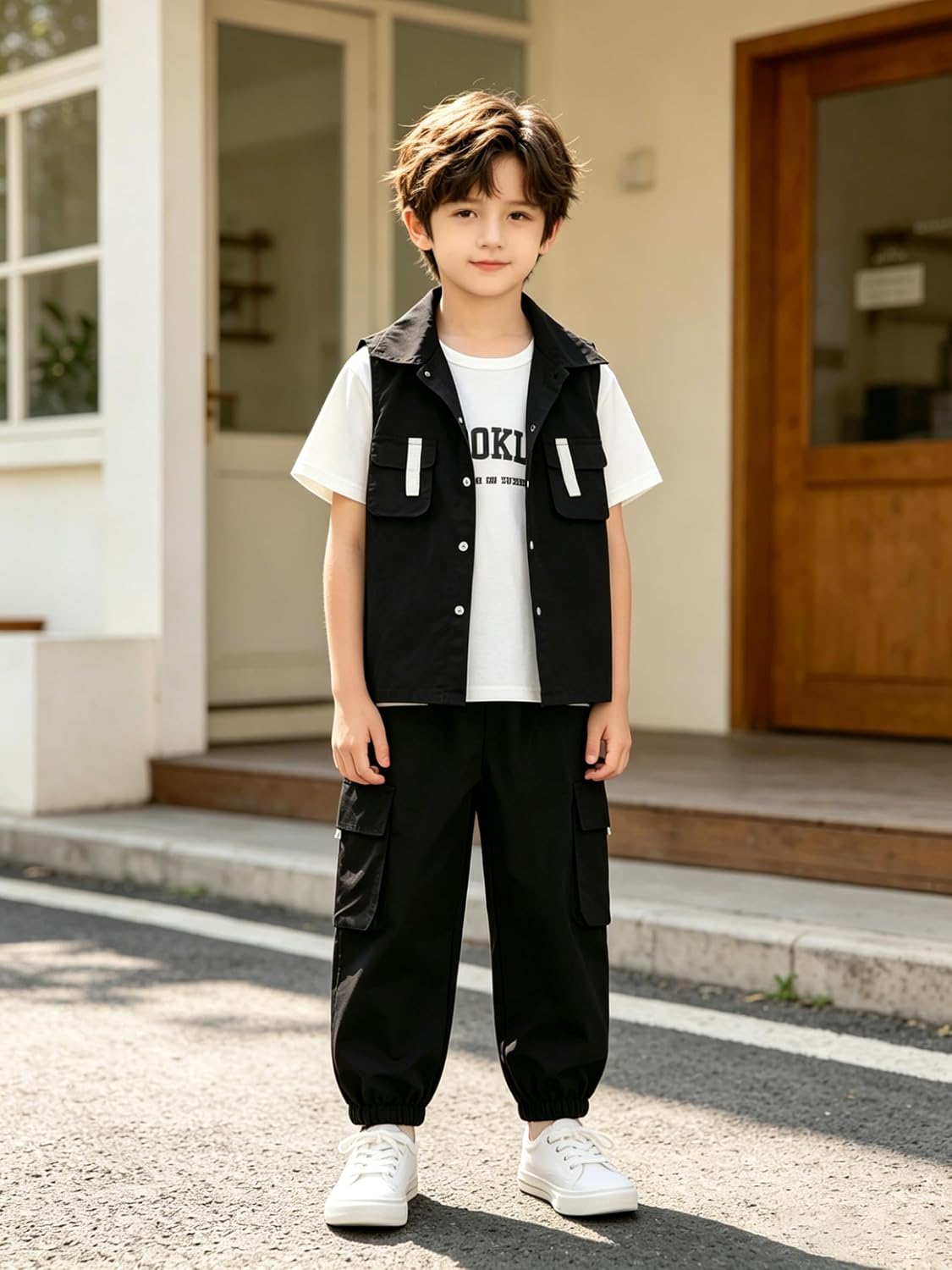 Boys 3 Piece Set Short Sleeve T-Shirt Cargo Tank Top and Pants 3-14Y
