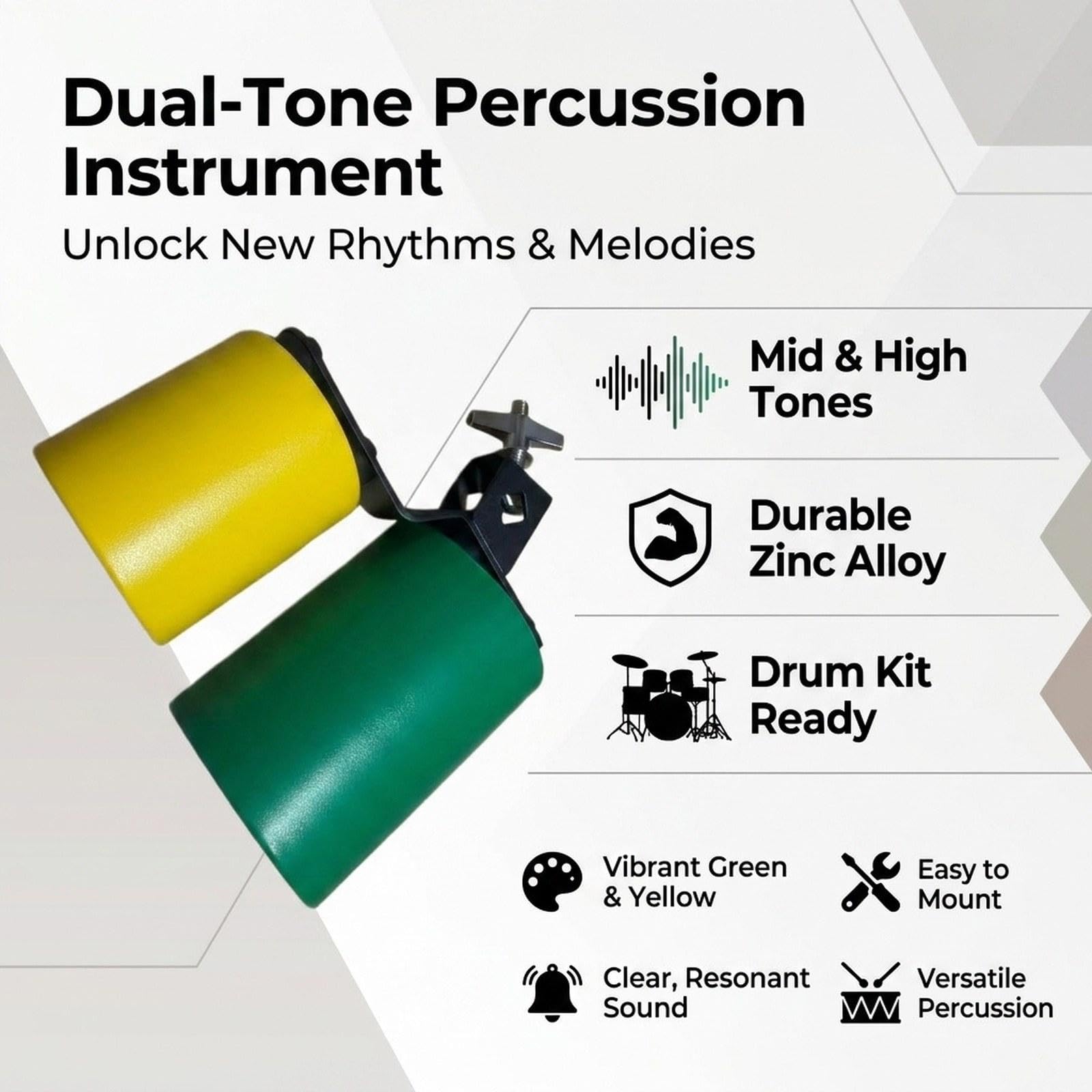 Campanaccio per Percussioni, Alti, Strumento a Percussione per Batteria, Accessorio Versatile in Lega di Zinco, Suono Chiaro, Adatto per F, Verde Giallo