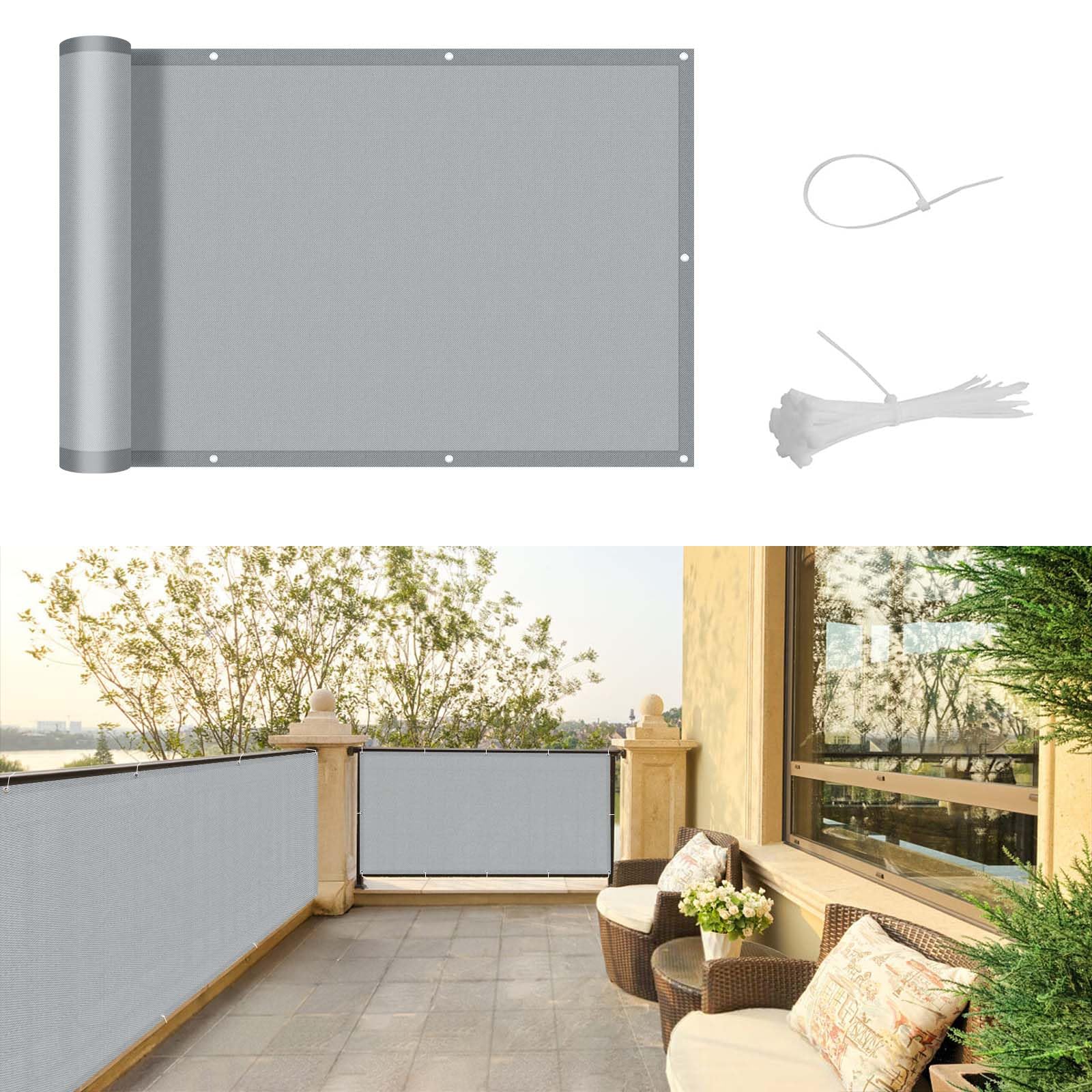 SUNNY GUARD Balcony Privacy Screen 90x600cm Fence Screen for Balcony and Patio Cover,UV protection waterproof and windproof,with Cable Ties,Grey