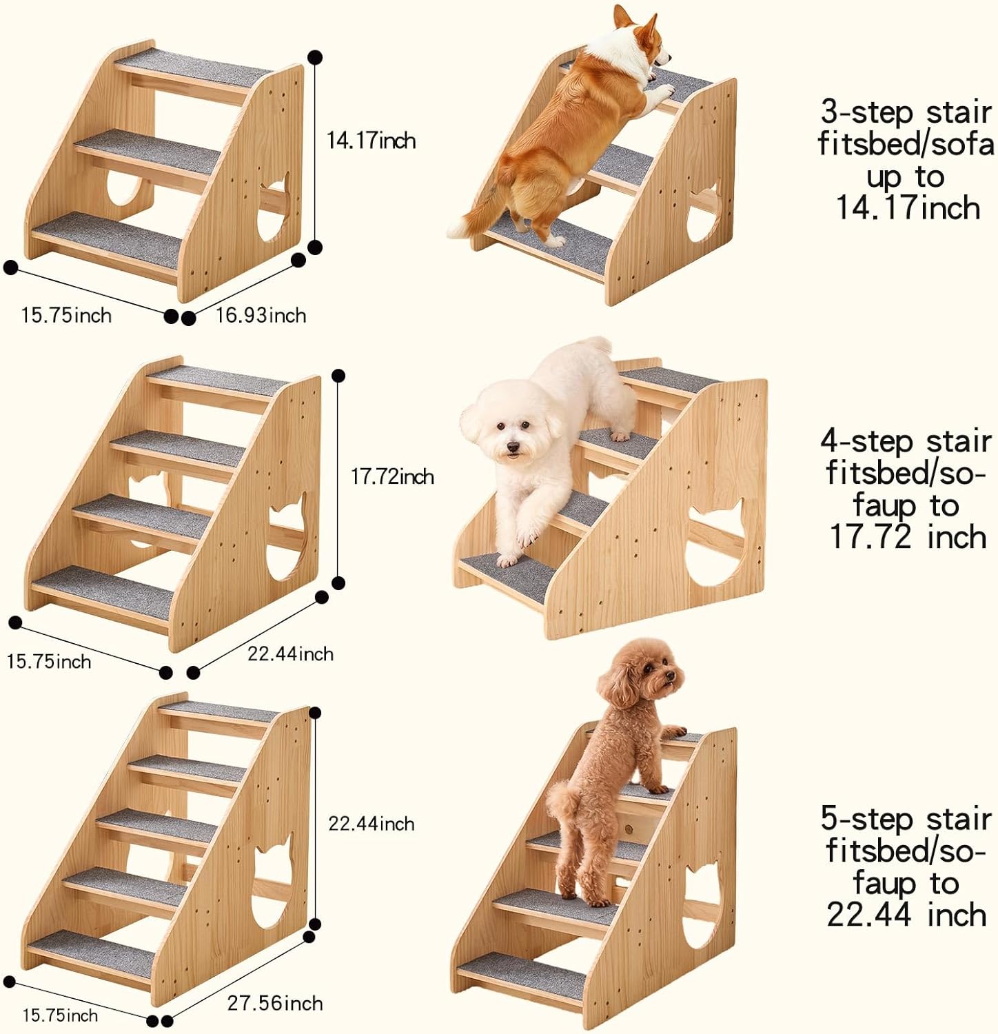 Dog Stairs for Small Medium Large Dogs 22.44" H Load Capacity 150lbs Solid Wood Non-Slip Sturdy Pet Steps for Bed & Couch 5 Step 15.75 * 27.56 * 22.44"
