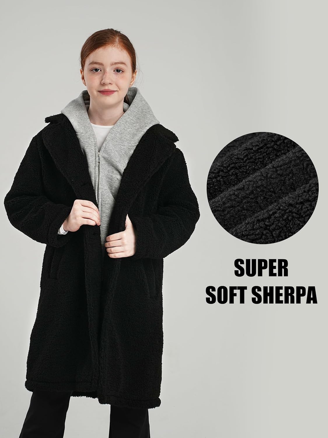 maoo garden Big Girls Sherpa Fleece Dress Coat Fall Winter Lightweight Peacoat Long Style Trench Jacket - Image 4