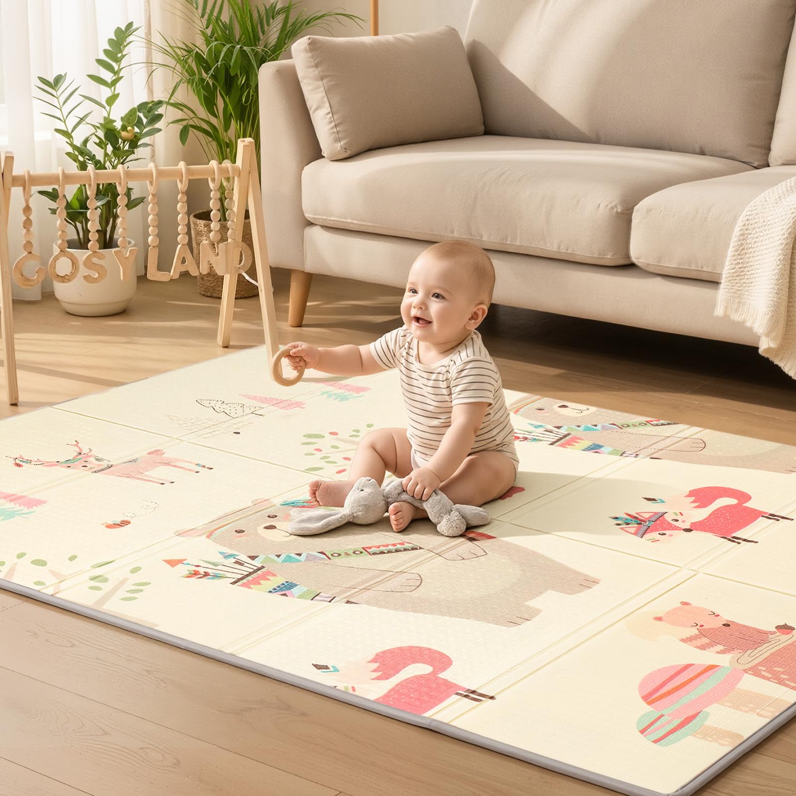 COSYLAND Alfombra Bebé Acolchada Plegable XPE Reversible, Tapete de Juegos Infantil Antideslizante e Impermeable para Suelo, Colchoneta Bebé, Oso Gordito y Ciudad de Coches, 120 x 180 x 1 cm