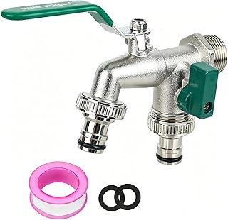 Válvula de salida doble de latón de 3/4 pulgadas, doble salida, grifo doble exterior, resistente al óxido y a las heladas + 2 conexiones de manguera, para jardín, lavadora, barril de lluvia (verde)