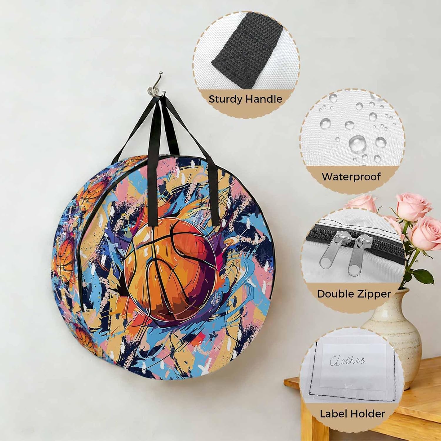 Sports Theme Round Storage Bag 36 Inch, Basketball Colorful Graffiti Clothes Storage Container with Handles Heavy Duty Organizer for Comforter, Bedding & Holiday Wreaths
