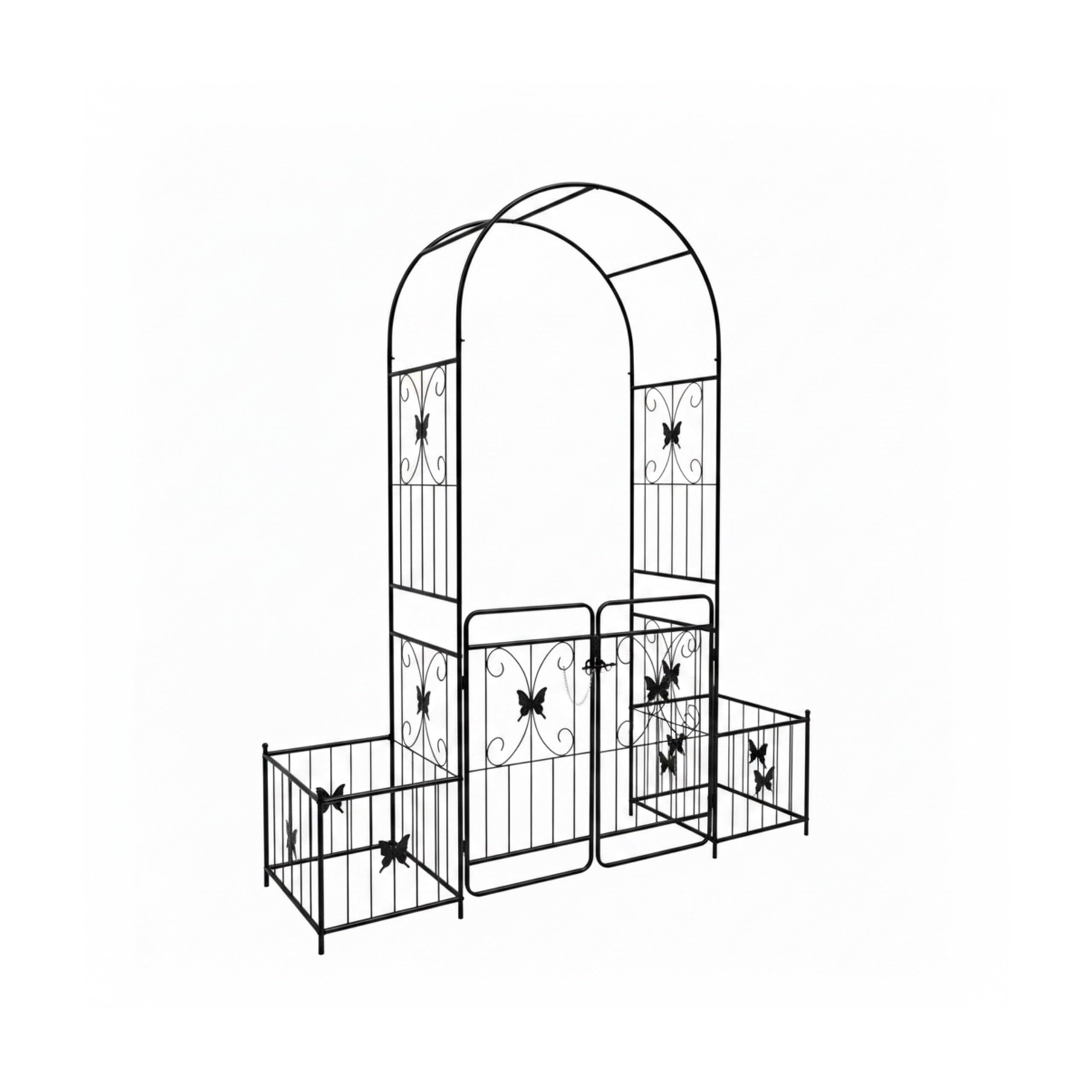 Relaxdays Arche Ronde en métal avec portillon Double et 2 jardinières, 220 x 202 x 50 cm, Noir