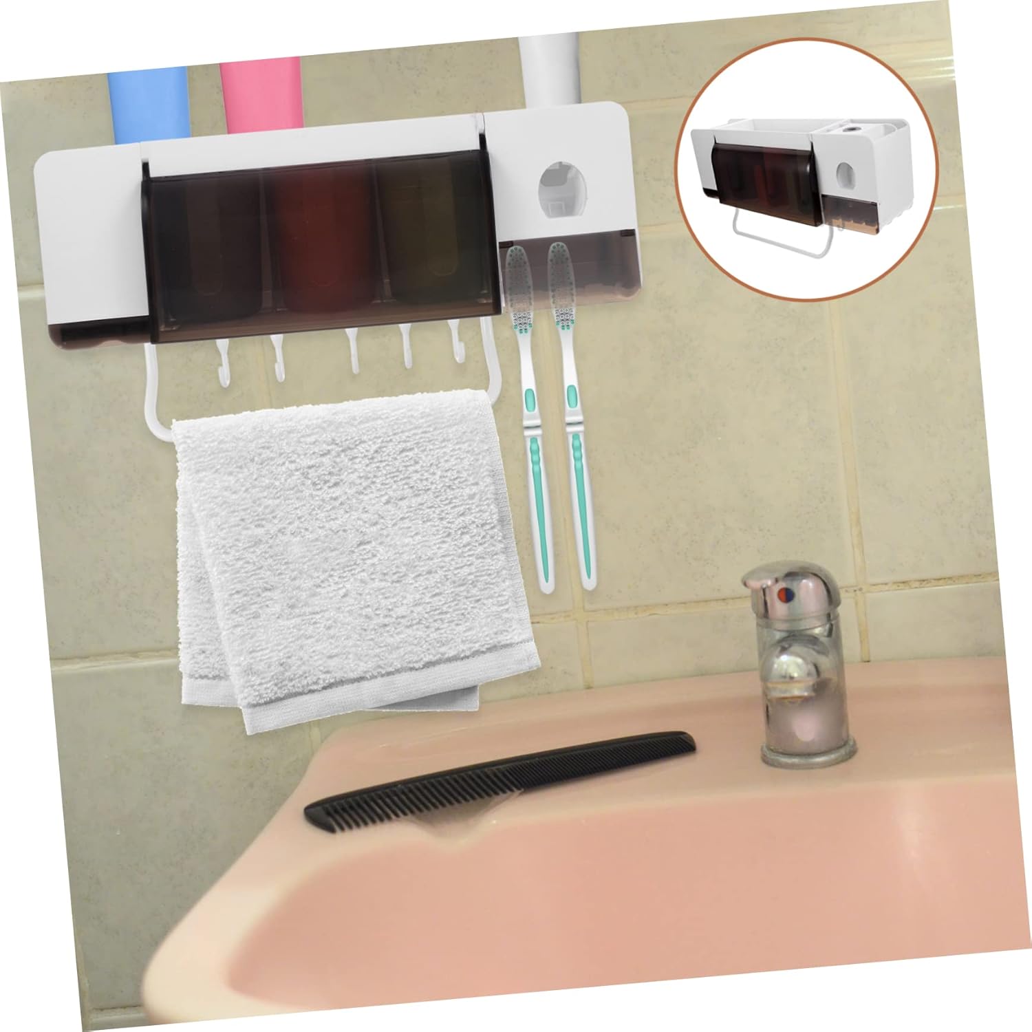 PRETYZOOM Wall-Mounted Toothbrush Holder Organizer Multi-Functional Suction Cup Bathroom Rack Space Saving 304 Stainless Steel Toothpaste Dispenser for Family Use