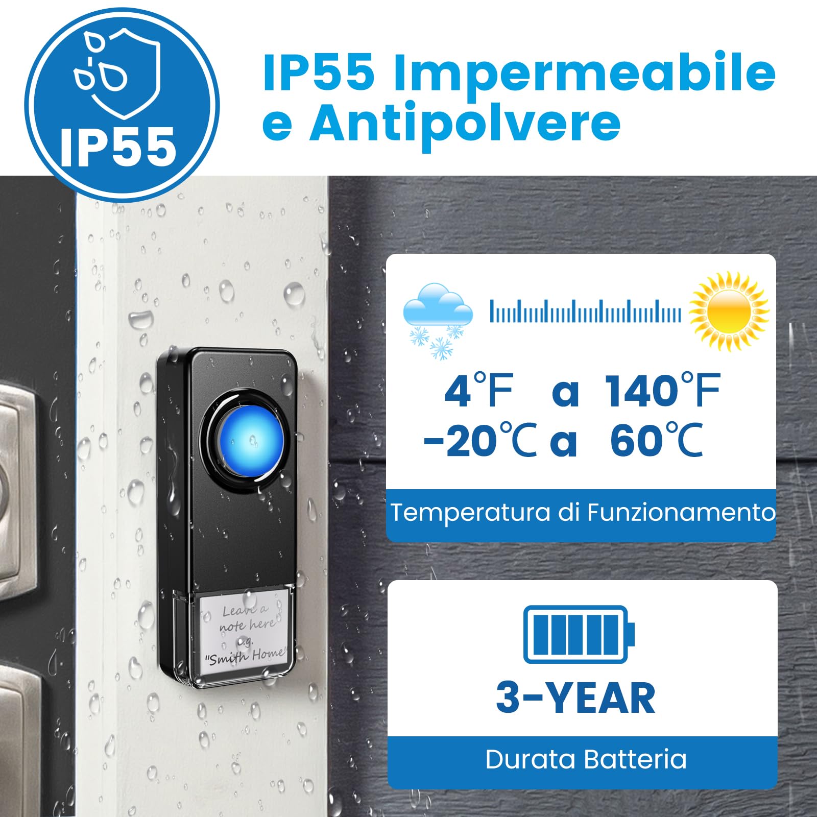 WIFI Campanello Senza Fili da Esterno, Compatibile con Applicazione per Smartphone, Campanello Casa Forte da 0-110dB con 32 Melodie, Doorbell con Notifica Remota, Campanella con Flash LED