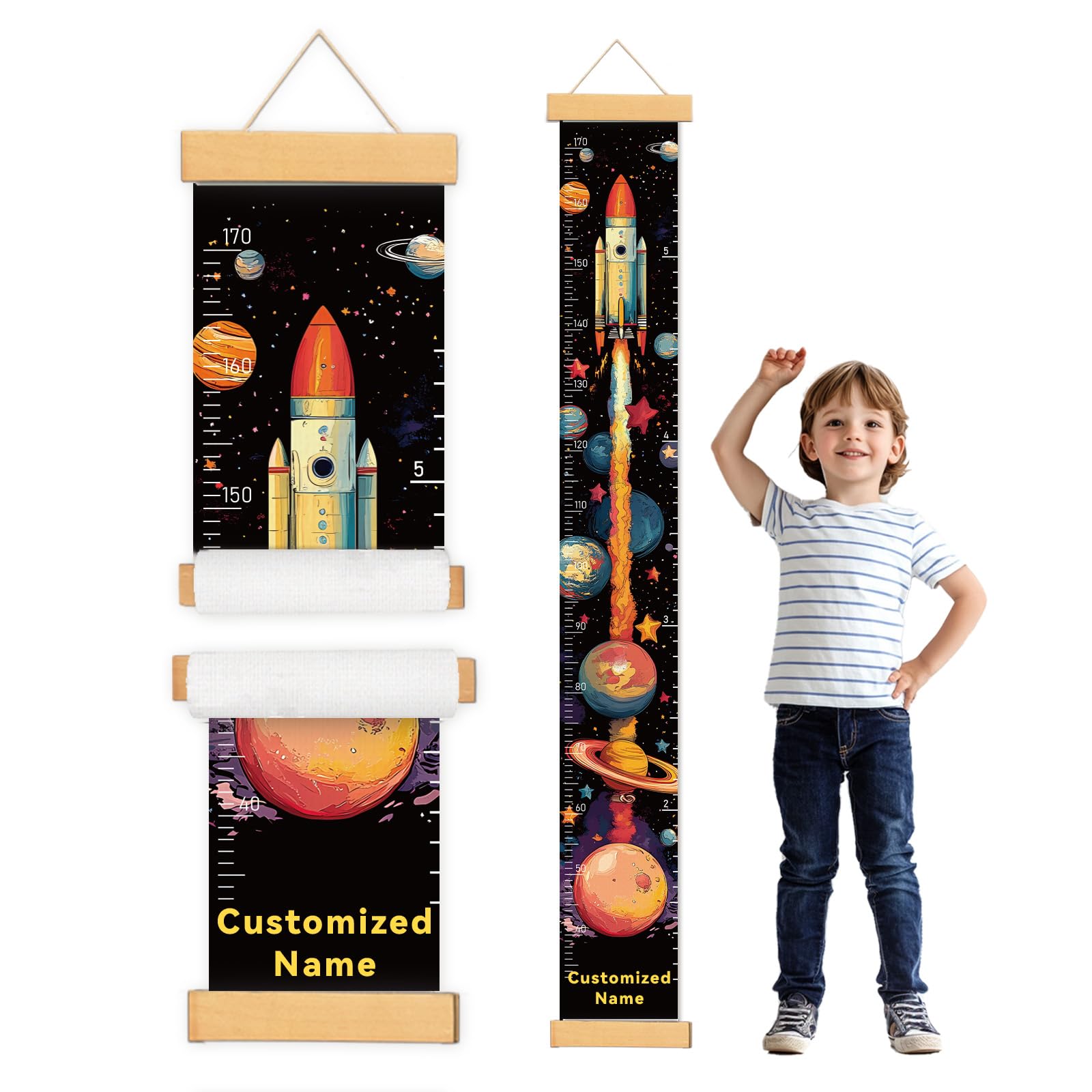 CHARMIBLE Personalised Height Chart for Kids, Removable Canvas Custom Name Wall Hanging Measuring Ruler for Child, Baby Measuring Wall Chart for Bedroom Nursery Wall Decoration(Rocket)