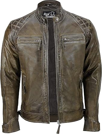Mens Biker Quilted Real Soft Leather Jacket-Vintage Distressed Motorcycle Cafe Racer Leather Jacket, Smart Casual Biker Style Jacket