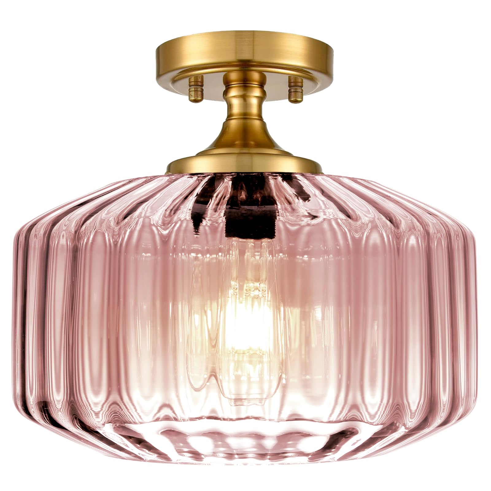 Photo 1 of Qepeety Pink Close to Ceiling Light Hallway Light Fixtures Vintage Antique Brass Ceiling Lamp with 11.02" Stripes Glass Shade Schoolhouse Flush Mount Ceiling Light for Closet Entryway Shower Light