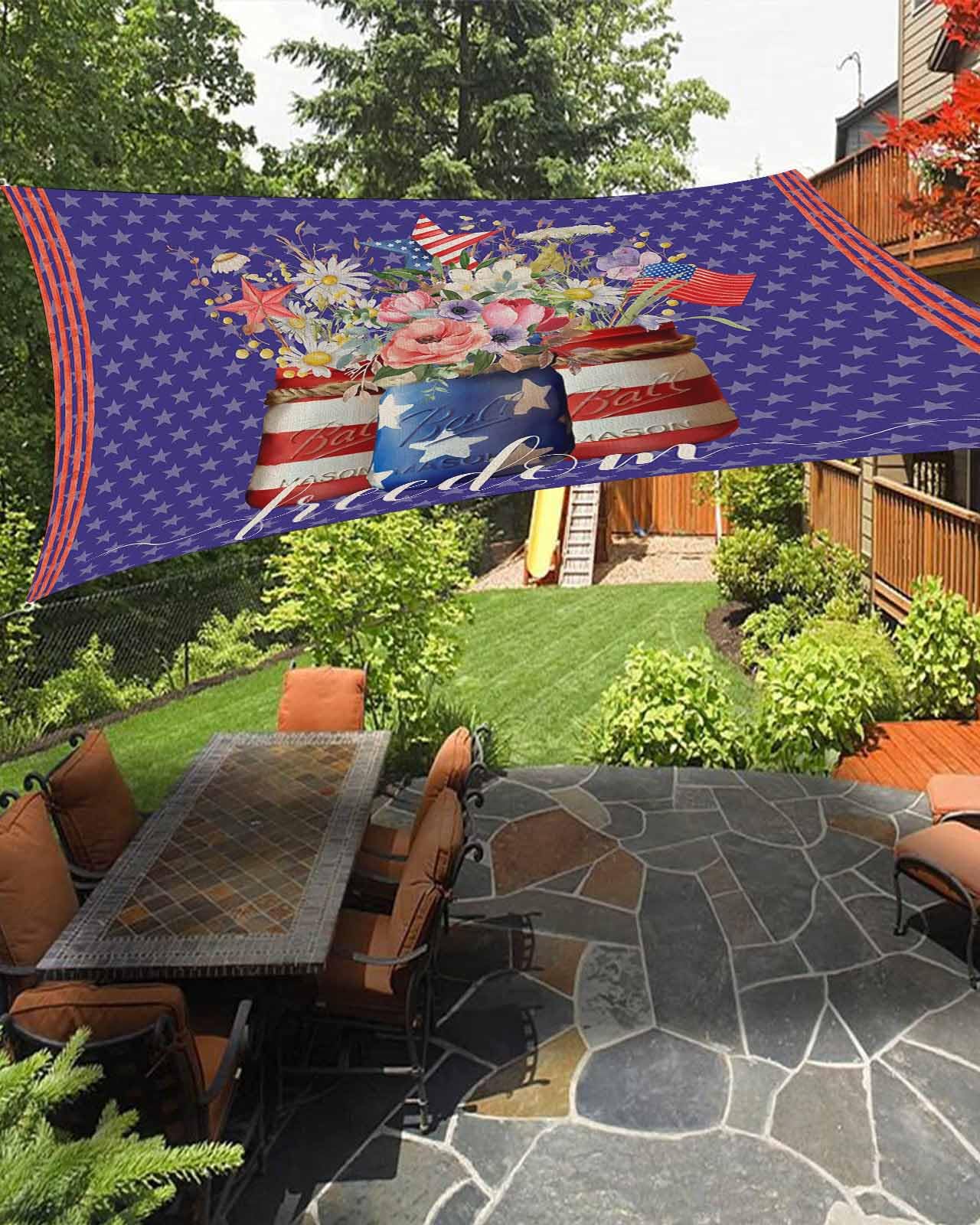 Boanket Sun Shade Sail 8' x 10', 4th of July Rectangular Waterproof Outdoor Sun Shades, Independence Day Spring Floral Blue Red Shade Cloth for Patio Deck Terrace Garden Lawns Beach Backyard