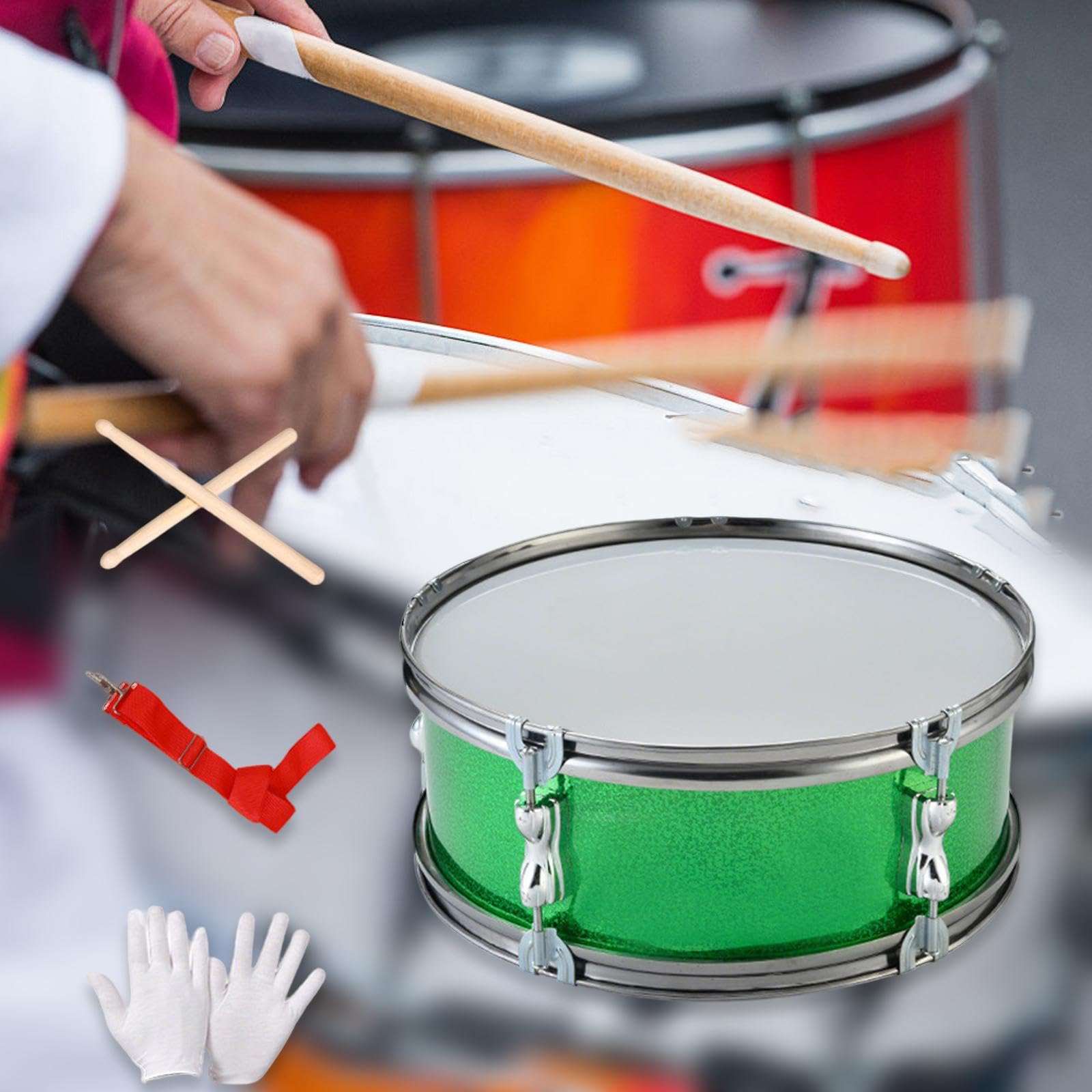 Caisse Claire 13 Pouces Tambour Simple Face avec Baguettes Gants Sangle Aluminium Tête Polyester Adapté Aux Débutants Étudiants Adultes Groupe Musica, Vert