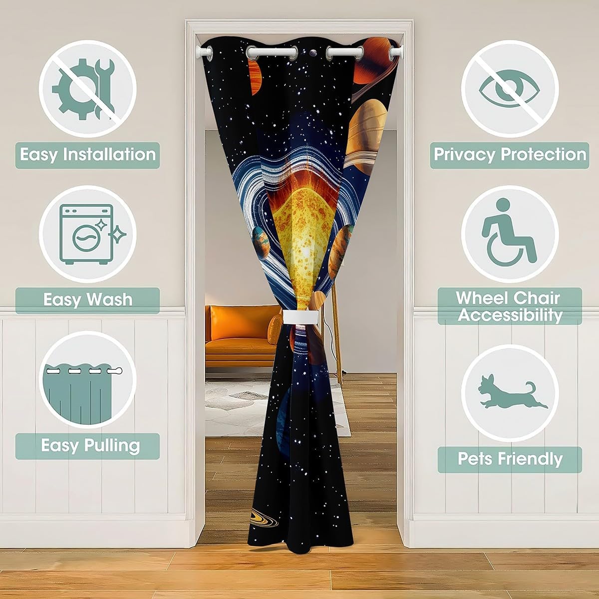 Colorful Space Door Curtain 1 Panel,52"W X 84"L,Rainbow Colors Kids Boys Girls Planet Doorway Curtain for Privacy,Earth Planets Stars Theme Living Room Bedroom Decor, Galaxy Sky Blackout Curtain