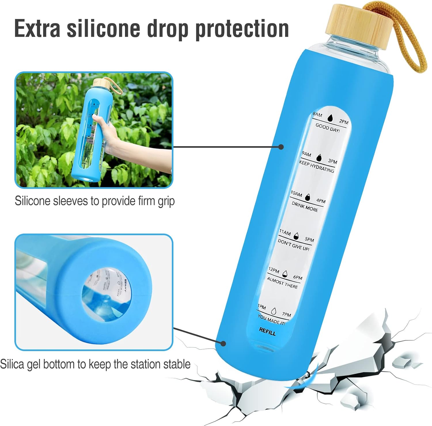 NIDOOT Water Bottle With Time Marker, Motivational Water Bottles, 1L Large Leak Proof BPA Free Water Bottle With Time Reminder, 32oz Glass Water Bottles With Silicone Sleeve and Bamboo Lid (Blue)
