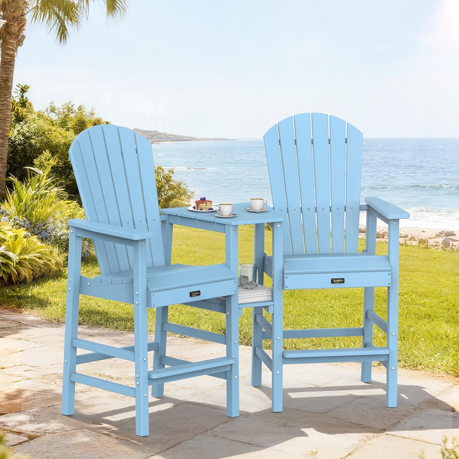 VINGLI Tall Adirondack Chairs Set of 2 with Dual Trays, All-Weather HDPE Outdoor BarStools Poly Deck Chairs for Patio, Poolside and Balcony (Blue)