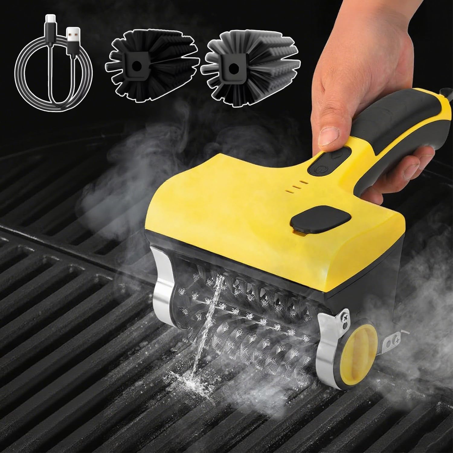 Cepillo eléctrico para parrilla con depósito de agua, 2 cabezales de cepillo extraíbles, 2 velocidades, rotación de 360°, para parrilla, baño, limpieza de bañera