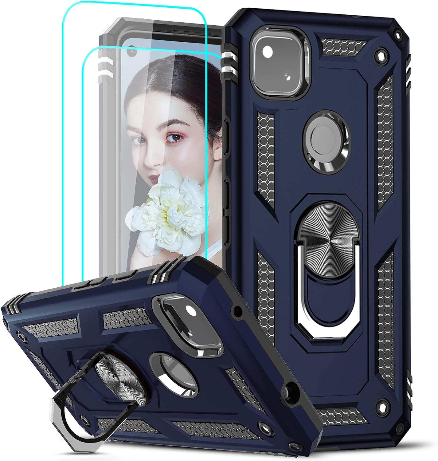 LeYi Google Pixel 4A Case (Not Fit Pixel 4A 5G) with 2PCS Tempered Glass Screen Protector, [Military-Grade] Defender Protective Phone Case with Ring Kickstand for Google Pixel 4A 2020, Blue
