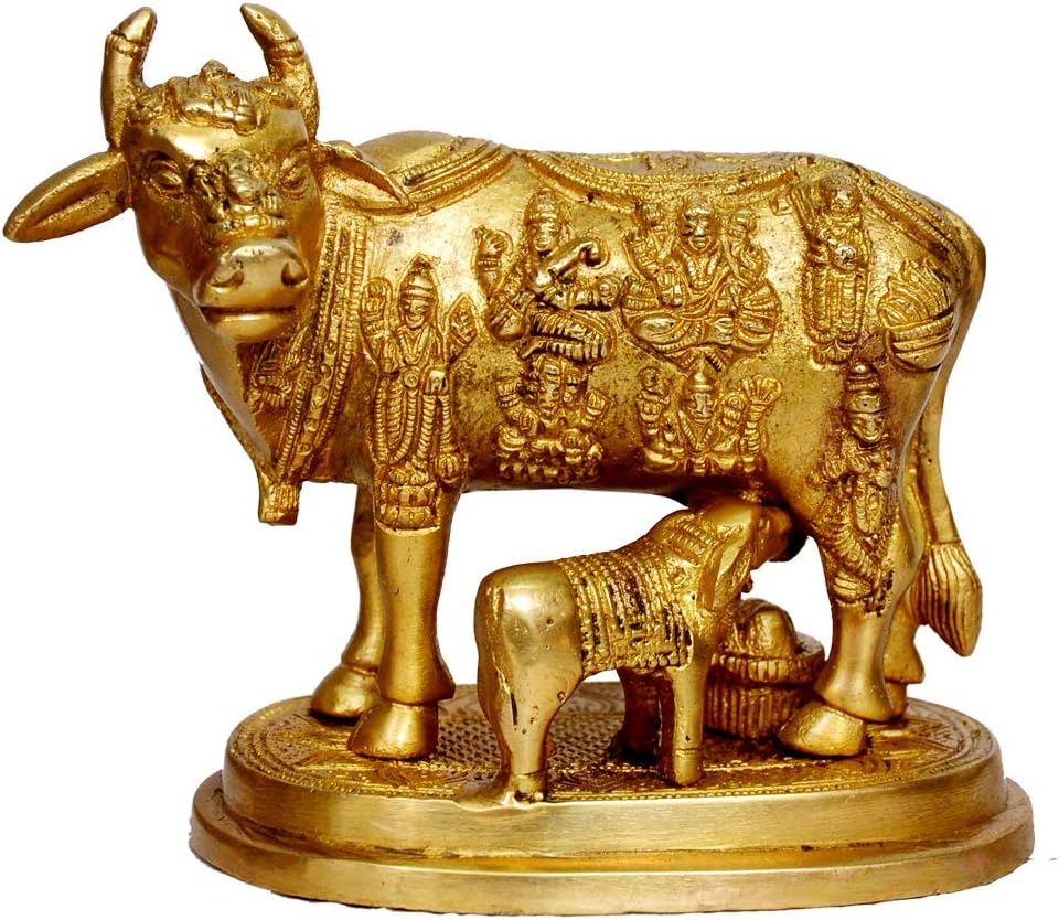 CRAFTHUT Nandi Cow and Calf Brass Idol Statue/Idol/Showpiece/Decorative Diwali Gift Kamdhenu Brass Item/Home Decor/Office Decorative Items (LXBXH - 5.9X 3.2X5.1 Inches Weight - 2.2 kgs)