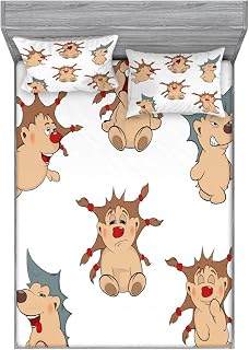 Lunarable Funny Fitted Sheet & Pillow Sham Set, Hedgehogs with Cool Hair Spiky Camouflage Native Australian Echidna Animals Nature, Decorative Printed 3 Piece Bedding Decor Set, Queen, Brown Tan