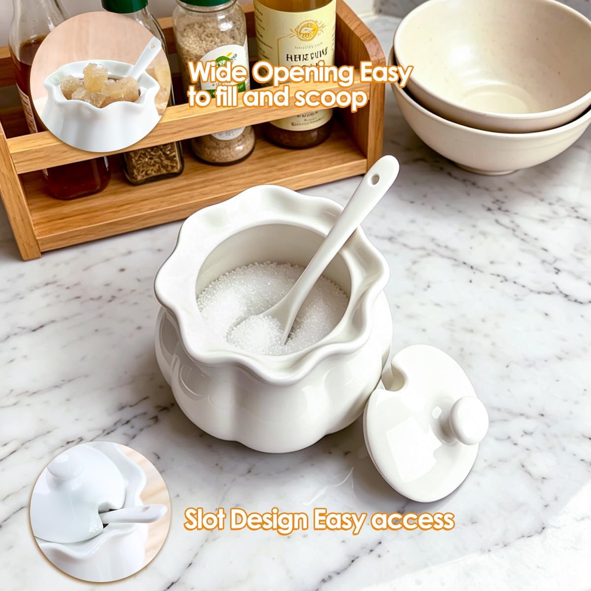 Ceramic Sugar Bowl with Lid and Spoon, 9 oz Vintage Porcelain Sugar Jar, White Scalloped rim Seasoning Container for Salt and Pepper, Kitchen Countertop Canister for Coffee Bar Home Décor