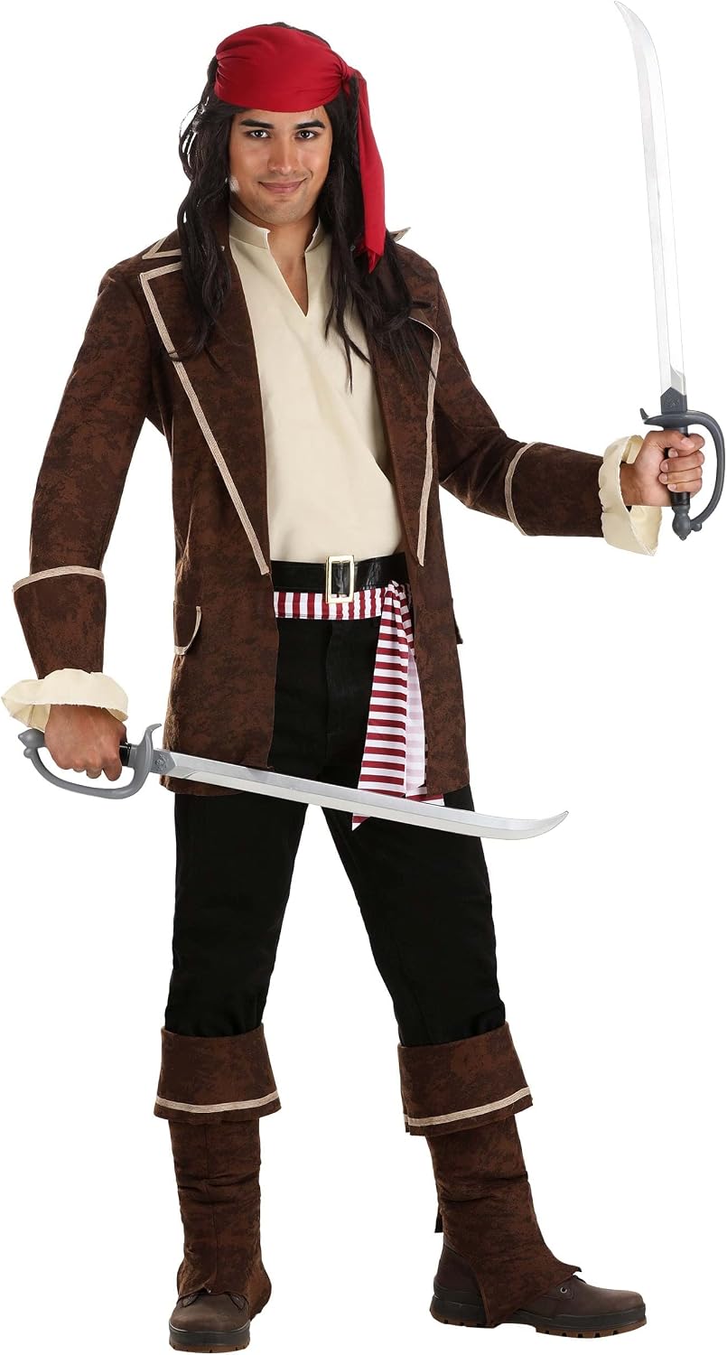 Adult Pirate Costume for Men | Male High Seas Pirate Outfit with Faux Suede Jacket, Poplin Shirt, Leather Belt