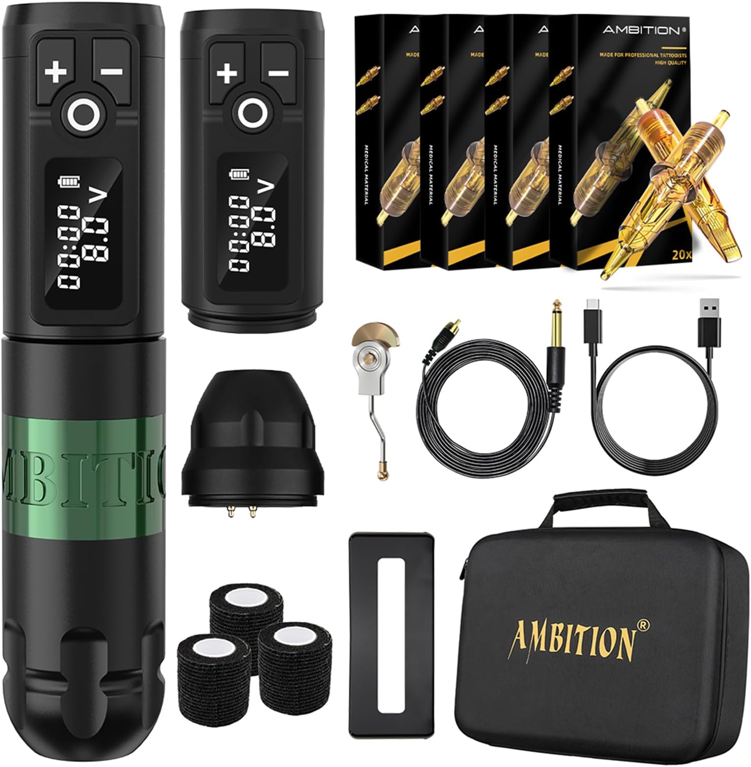 Ambition Soldier Wireless Tattoo Machine Kit Complete Rotary Coreless Motor Tattoo Pen Kit with Extra 2400mAh Battery 80pcs Glory Mixed Size Cartridge Needles Supply for Professional Tattoo Artist