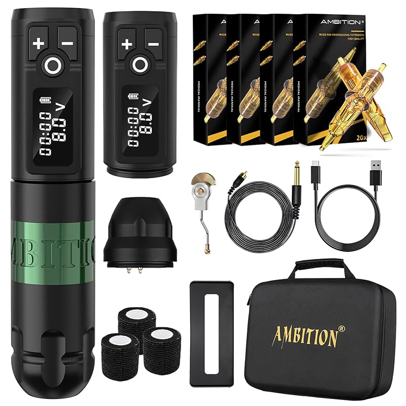 Kit de Máquina de Tatuagem Ambition Soldier sem Fio com Motor Rotary, Bateria Extra de 2400mAh, 80 Cartuchos e Estojo
