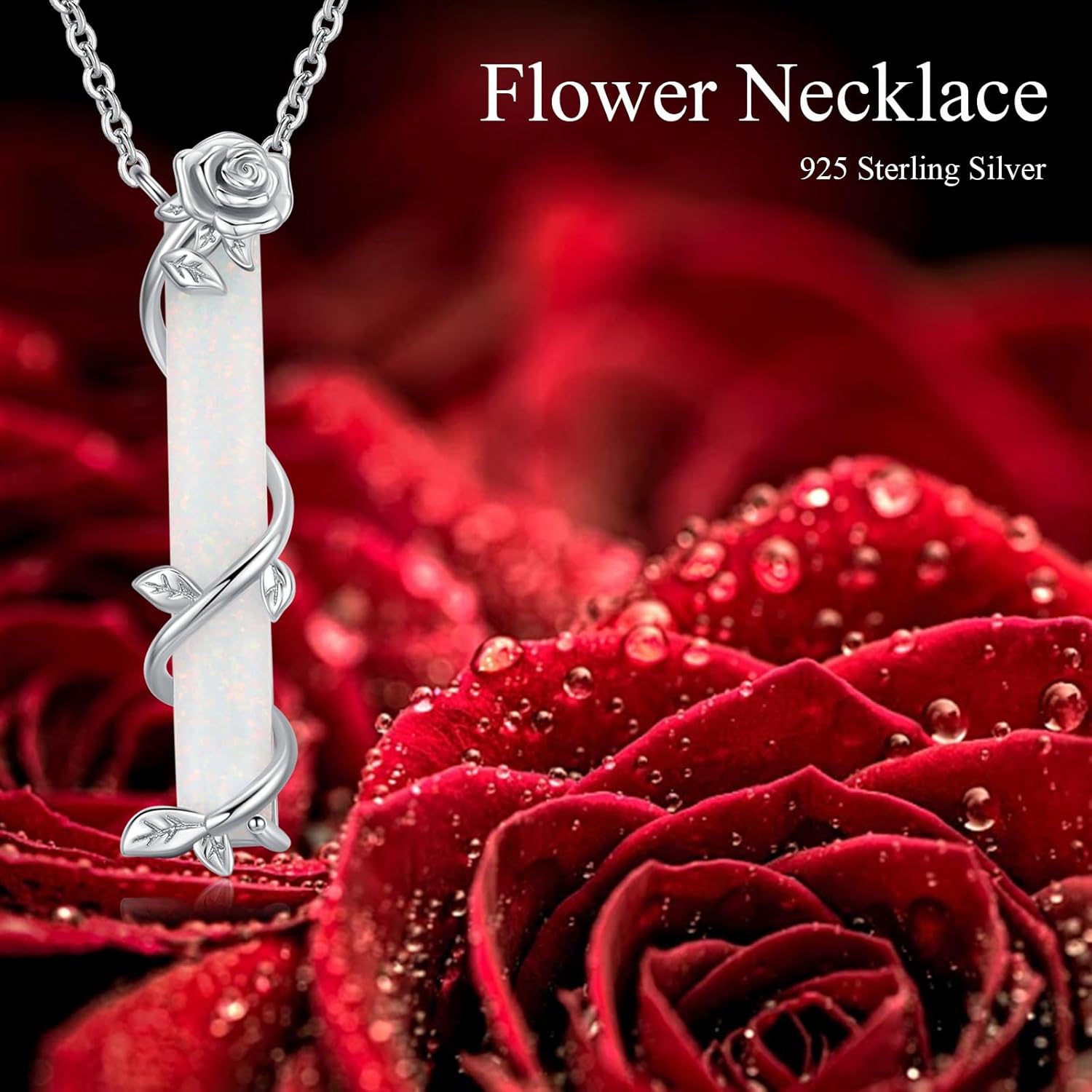 Bar Necklace for Women,S925 Sterling Silver White Opal Bar Necklace with Leaf Charm Bar Pendant Jewelry Gift for Mom Daughter Wife - Image 6